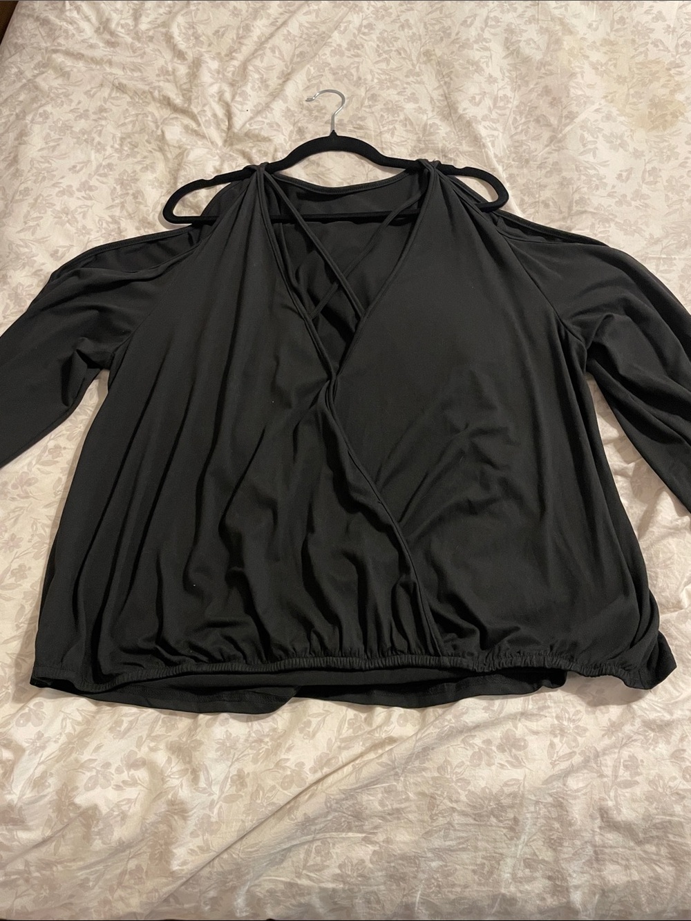Black Cold-Shoulder open Wrap Front Women's Top